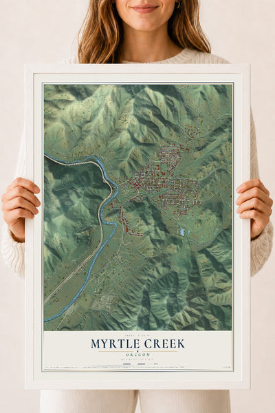 Map of Myrtle Creek, Oregon, 18 x 24 inch print in a white wood frame