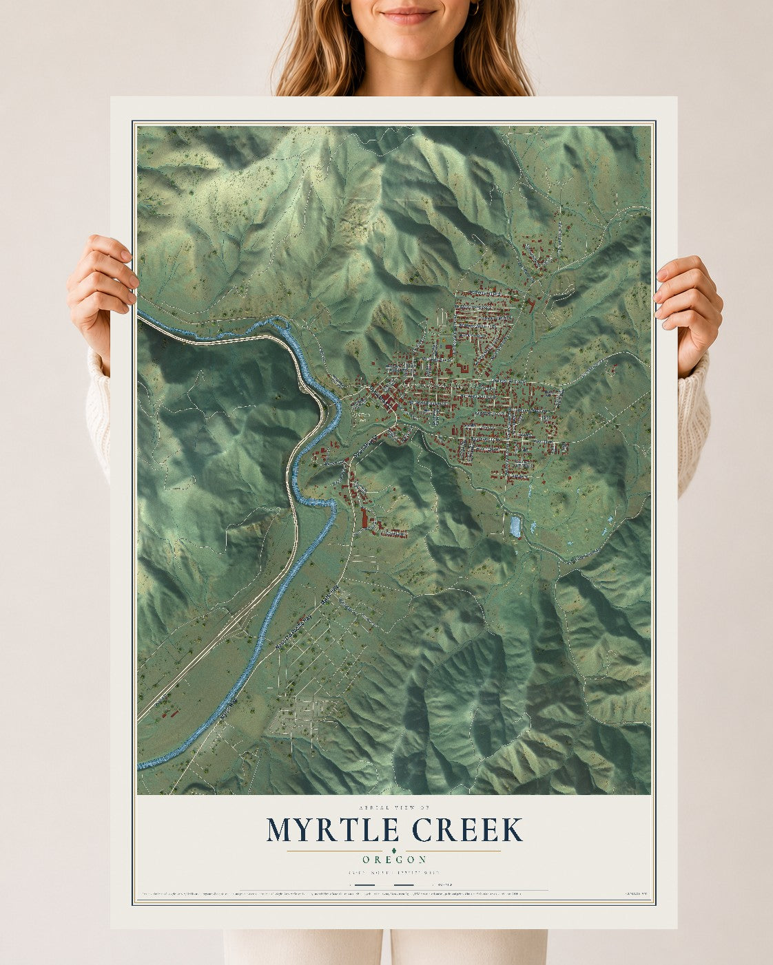 Map of Myrtle Creek, Oregon, 24 x 36 inch unframed archival matte print
