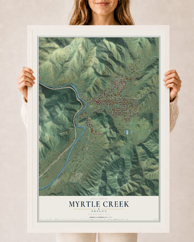 Map of Myrtle Creek, Oregon, 24 x 36 inch print in a white wood frame