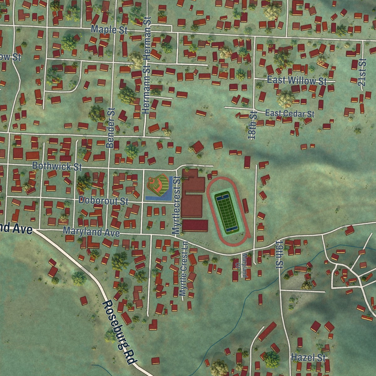 Close-up of the map of Myrtle Point, Oregon print showing street and building detail