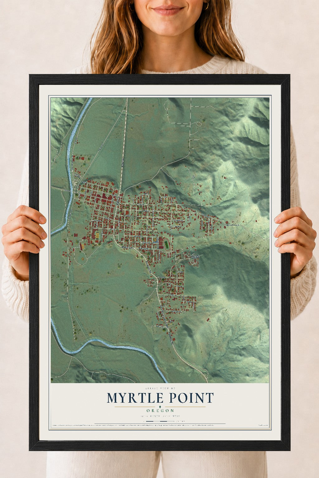 Map of Myrtle Point, Oregon, 18 x 24 inch print in a black wood frame