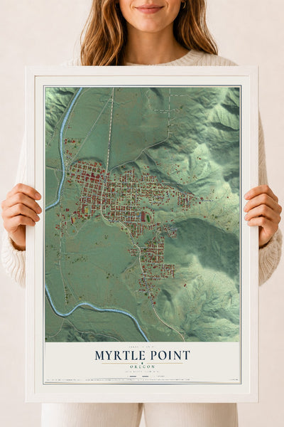 Map of Myrtle Point, Oregon, 18 x 24 inch print in a white wood frame