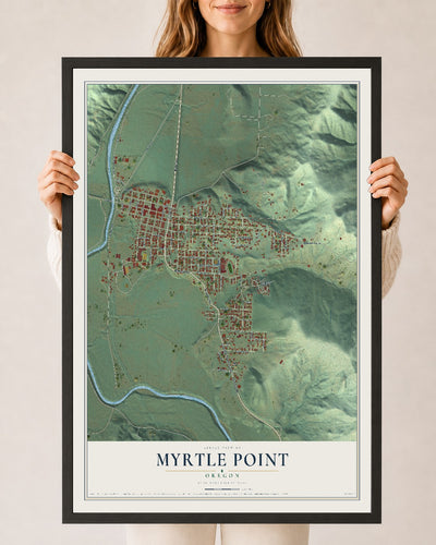 Map of Myrtle Point, Oregon, 24 x 36 inch print in a black wood frame