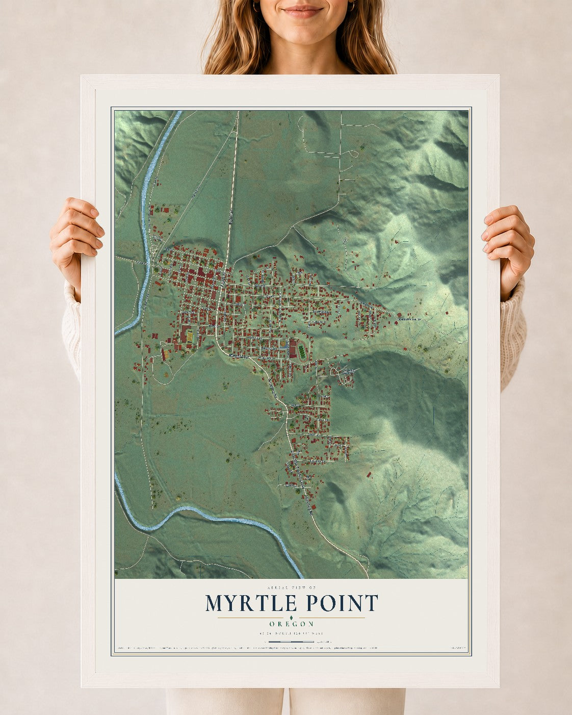 Map of Myrtle Point, Oregon, 24 x 36 inch print in a white wood frame