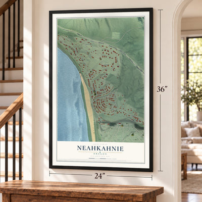 Neahkahnie, Oregon map, 24 x 36 inch print in a black frame by a staircase