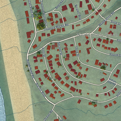 Close-up of the map of Neahkahnie, Oregon print showing street and building detail