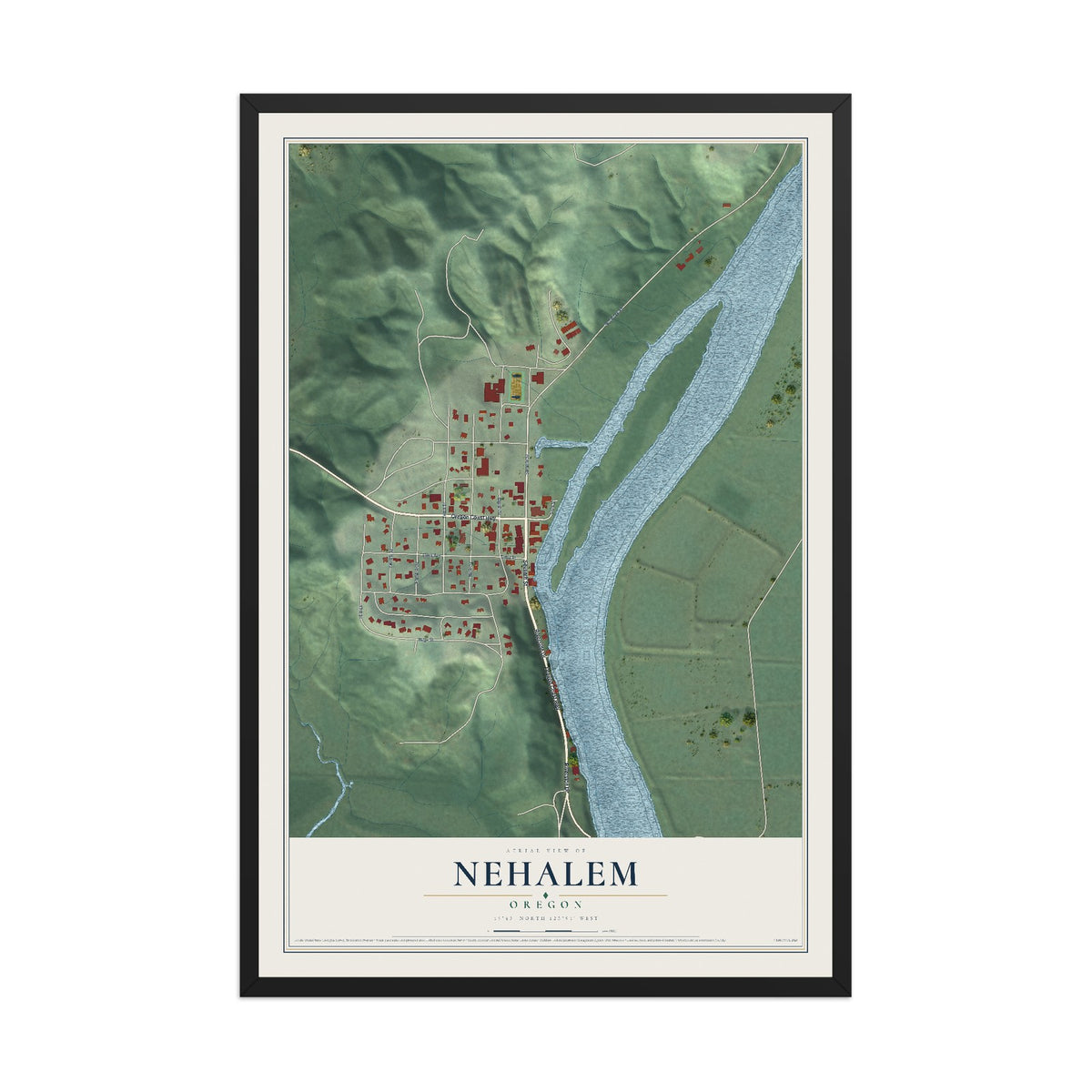 Map of Nehalem, Oregon, 12 x 18 inch print in a black wood frame