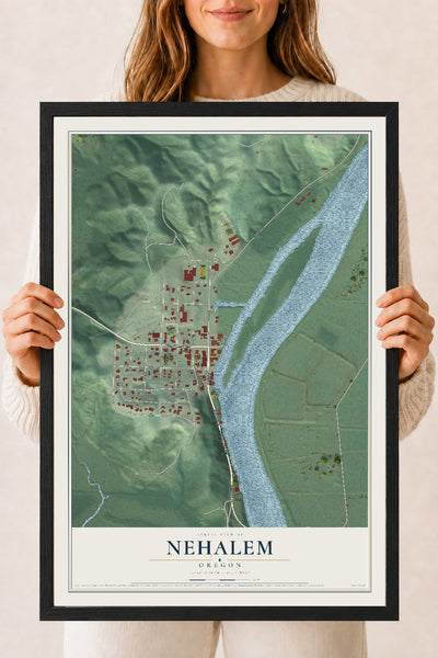 Map of Nehalem, Oregon, 18 x 24 inch print in a black wood frame