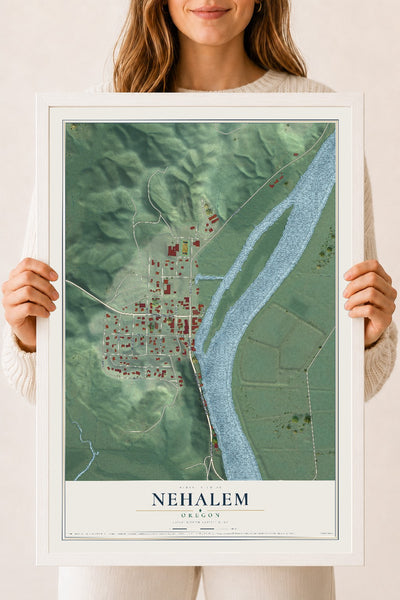 Map of Nehalem, Oregon, 18 x 24 inch print in a white wood frame
