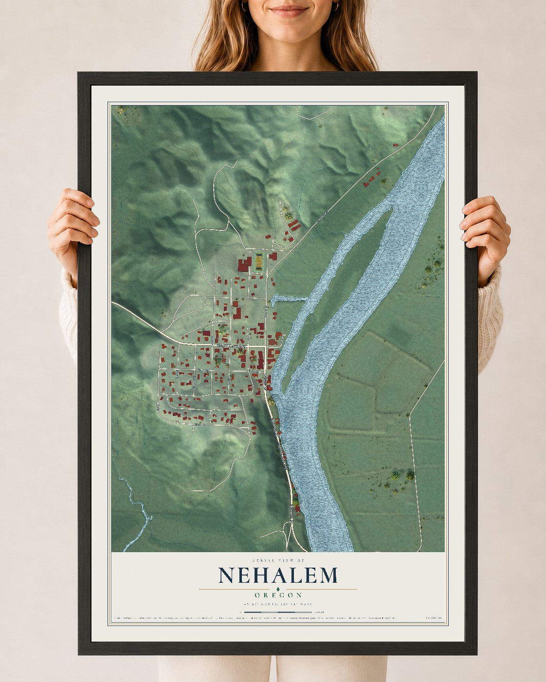 Map of Nehalem, Oregon, 24 x 36 inch print in a black wood frame