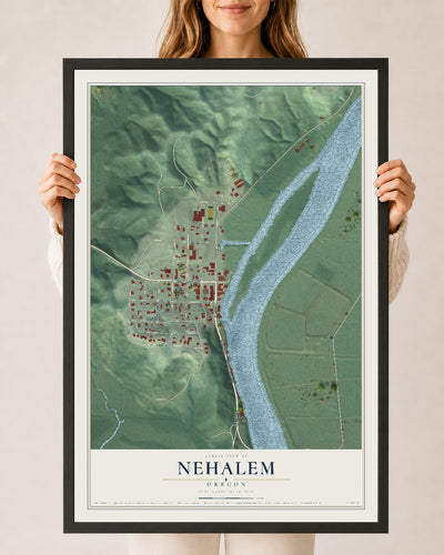 Map of Nehalem, Oregon, 24 x 36 inch print in a black wood frame