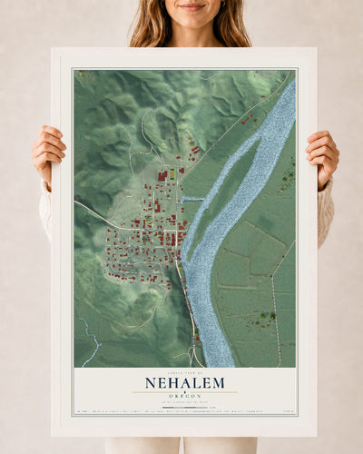 Map of Nehalem, Oregon, 24 x 36 inch print in a white wood frame