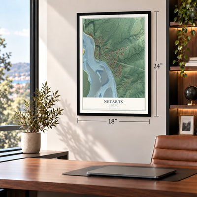 Netarts, Oregon map, 18 x 24 inch print in a black frame in a home office