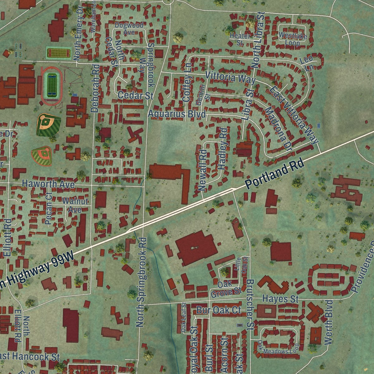 Second close-up of the map of Newberg, Oregon print showing more streets and buildings
