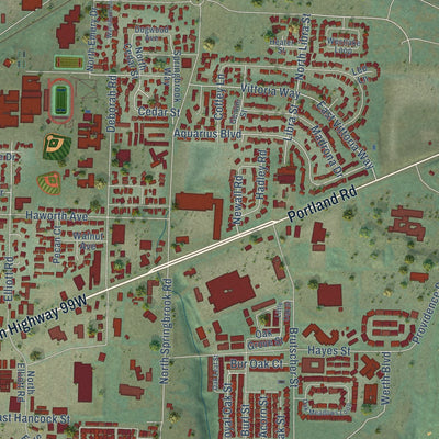 Second close-up of the map of Newberg, Oregon print showing more streets and buildings