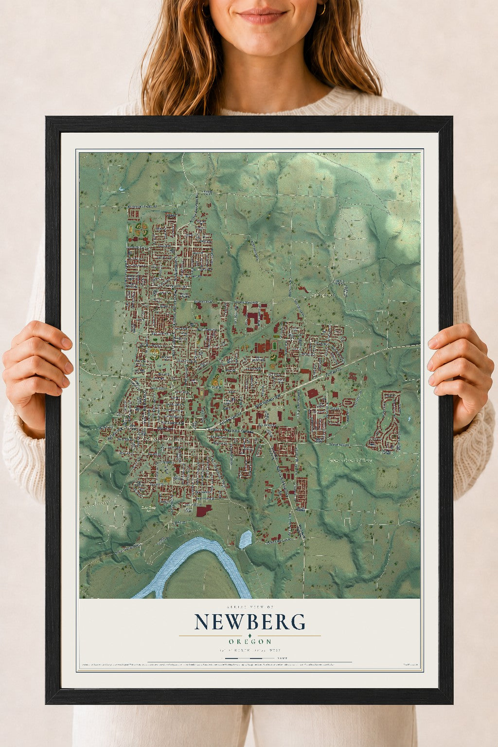Map of Newberg, Oregon, 18 x 24 inch print in a black wood frame