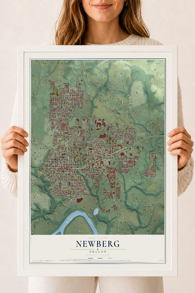 Map of Newberg, Oregon, 18 x 24 inch print in a white wood frame