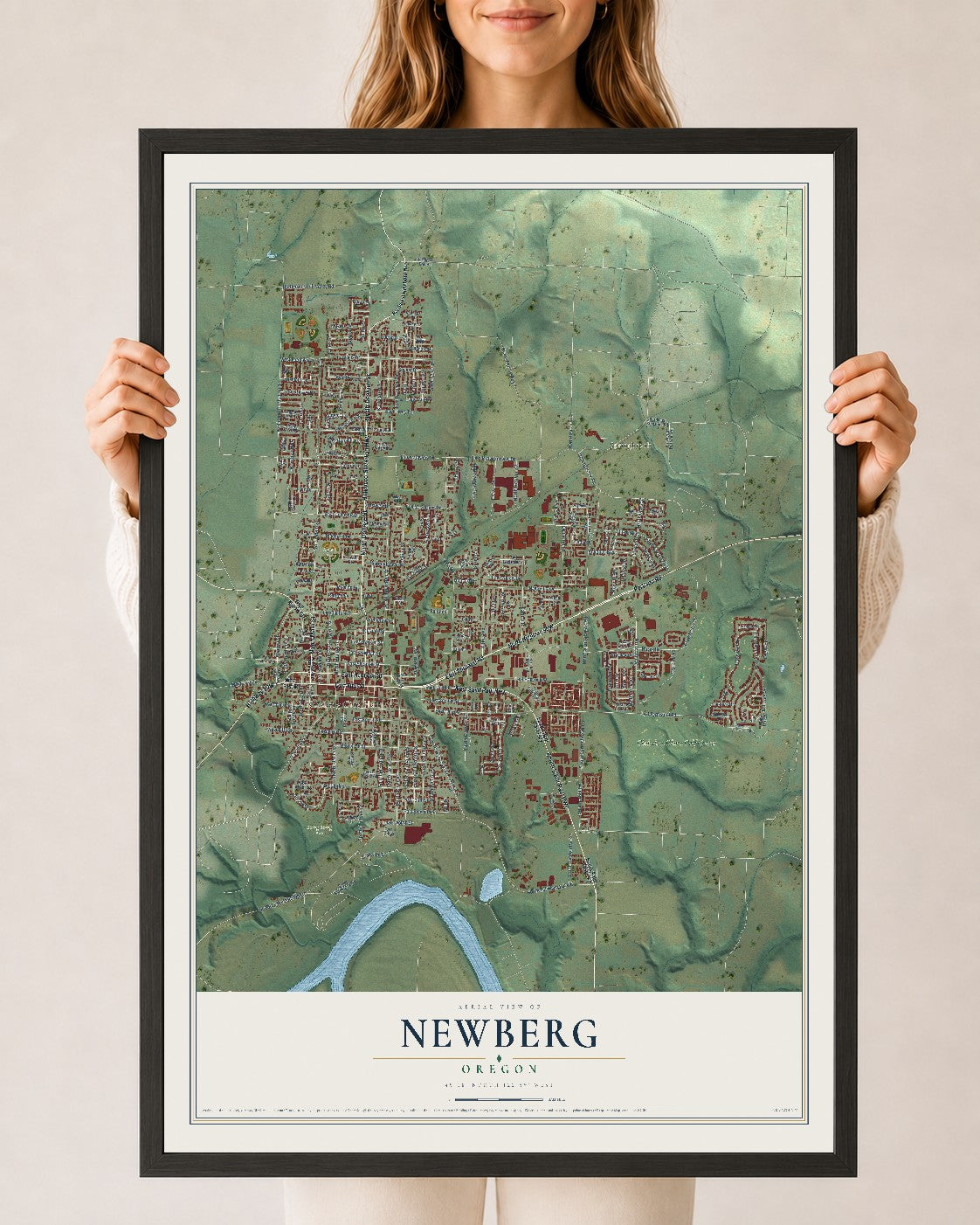 Map of Newberg, Oregon, 24 x 36 inch print in a black wood frame