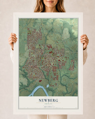 Map of Newberg, Oregon, 24 x 36 inch print in a white wood frame