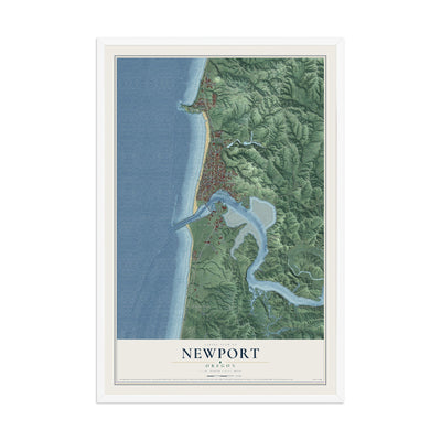 Map of Newport, Oregon, 12 x 18 inch print in a white wood frame