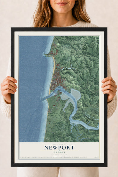 Map of Newport, Oregon, 18 x 24 inch print in a black wood frame