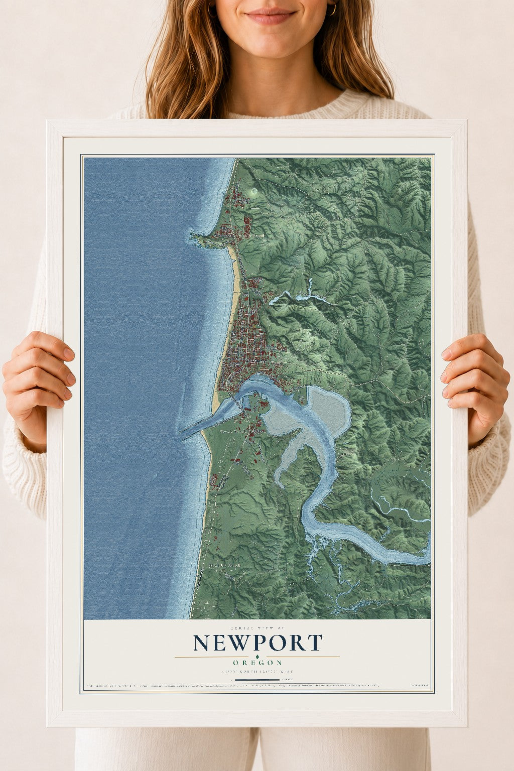 Map of Newport, Oregon, 18 x 24 inch print in a white wood frame