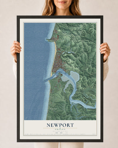 Map of Newport, Oregon, 24 x 36 inch print in a black wood frame