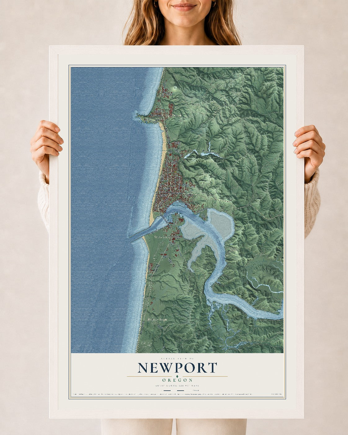 Map of Newport, Oregon, 24 x 36 inch print in a white wood frame