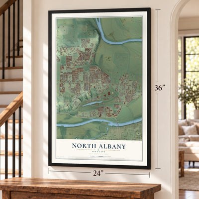 North Albany, Oregon map, 24 x 36 inch print in a black frame by a staircase