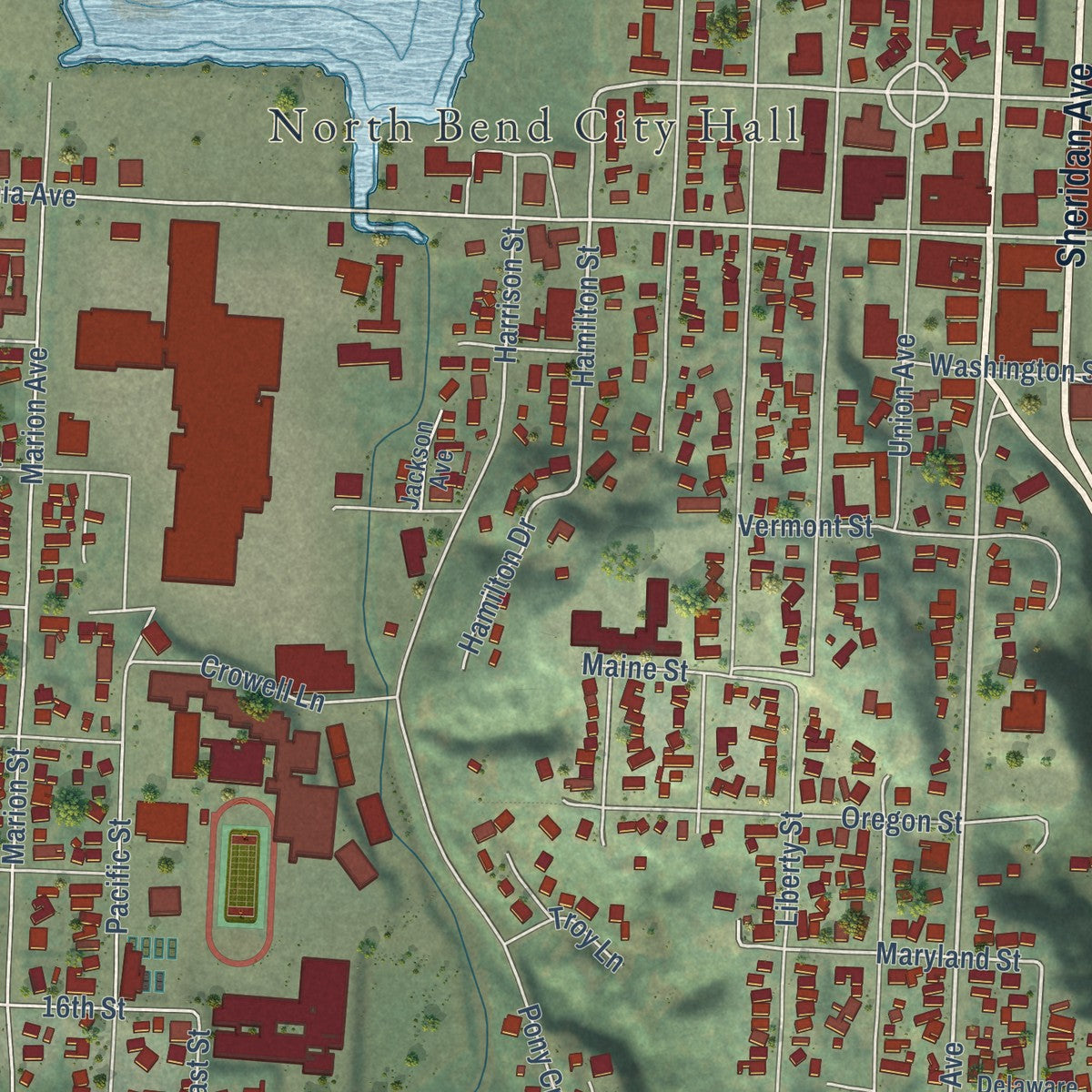 Close-up of the map of North Bend, Oregon print showing street and building detail