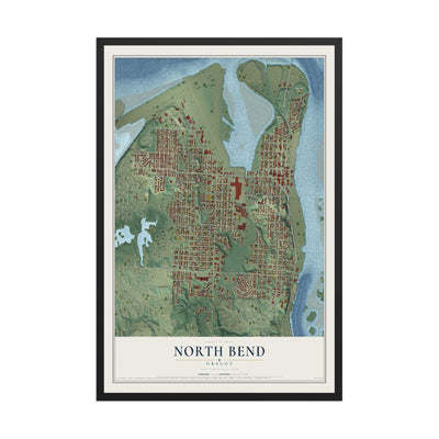 Map of North Bend, Oregon, 12 x 18 inch print in a black wood frame