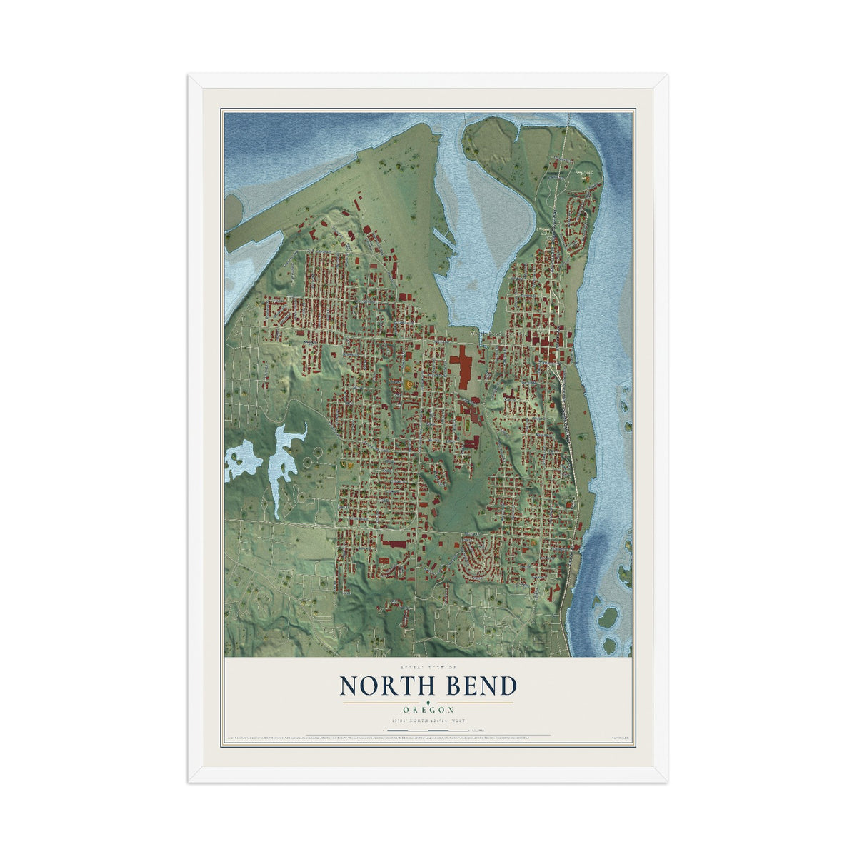 Map of North Bend, Oregon, 12 x 18 inch print in a white wood frame
