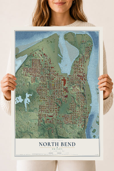 Map of North Bend, Oregon, 18 x 24 inch unframed archival matte print