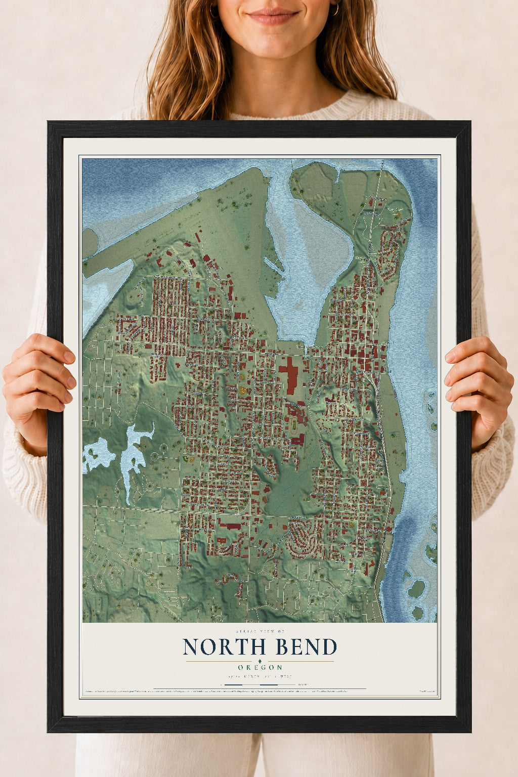 Map of North Bend, Oregon, 18 x 24 inch print in a black wood frame