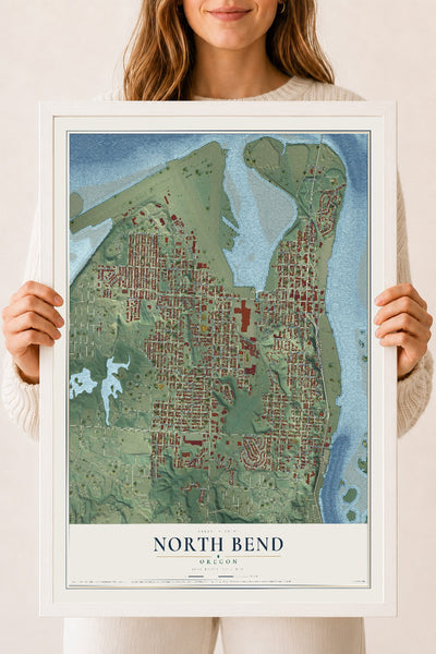 Map of North Bend, Oregon, 18 x 24 inch print in a white wood frame