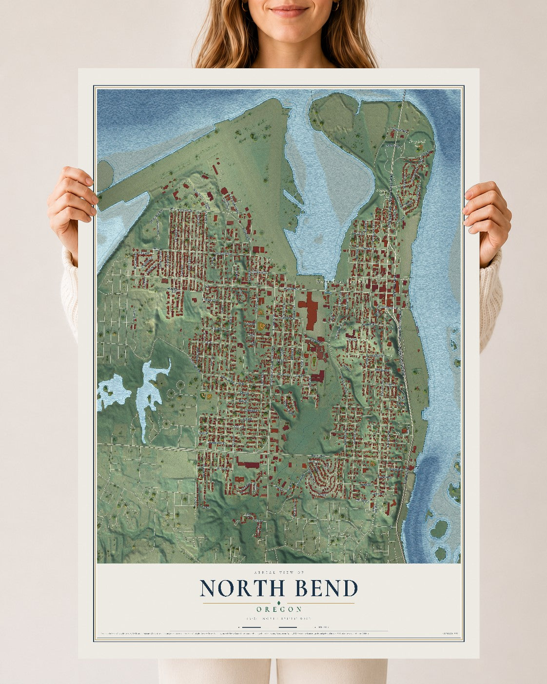 Map of North Bend, Oregon, 24 x 36 inch unframed archival matte print