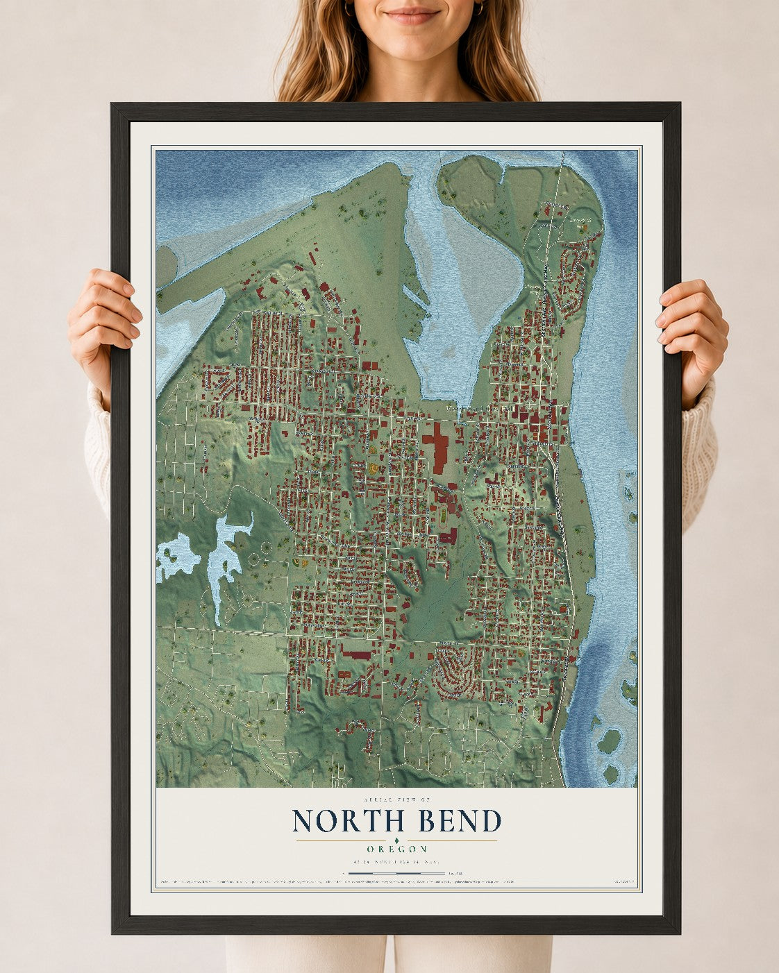 Map of North Bend, Oregon, 24 x 36 inch print in a black wood frame