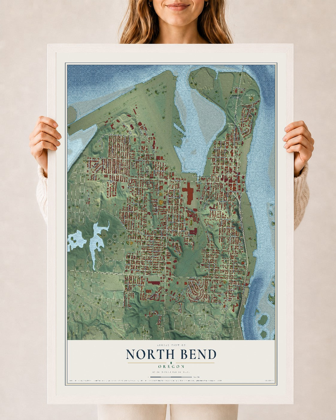 Map of North Bend, Oregon, 24 x 36 inch print in a white wood frame