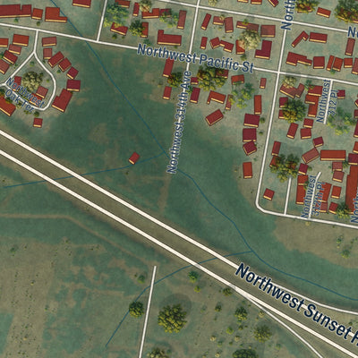 Second close-up of the map of North Plains, Oregon print showing more streets and buildings