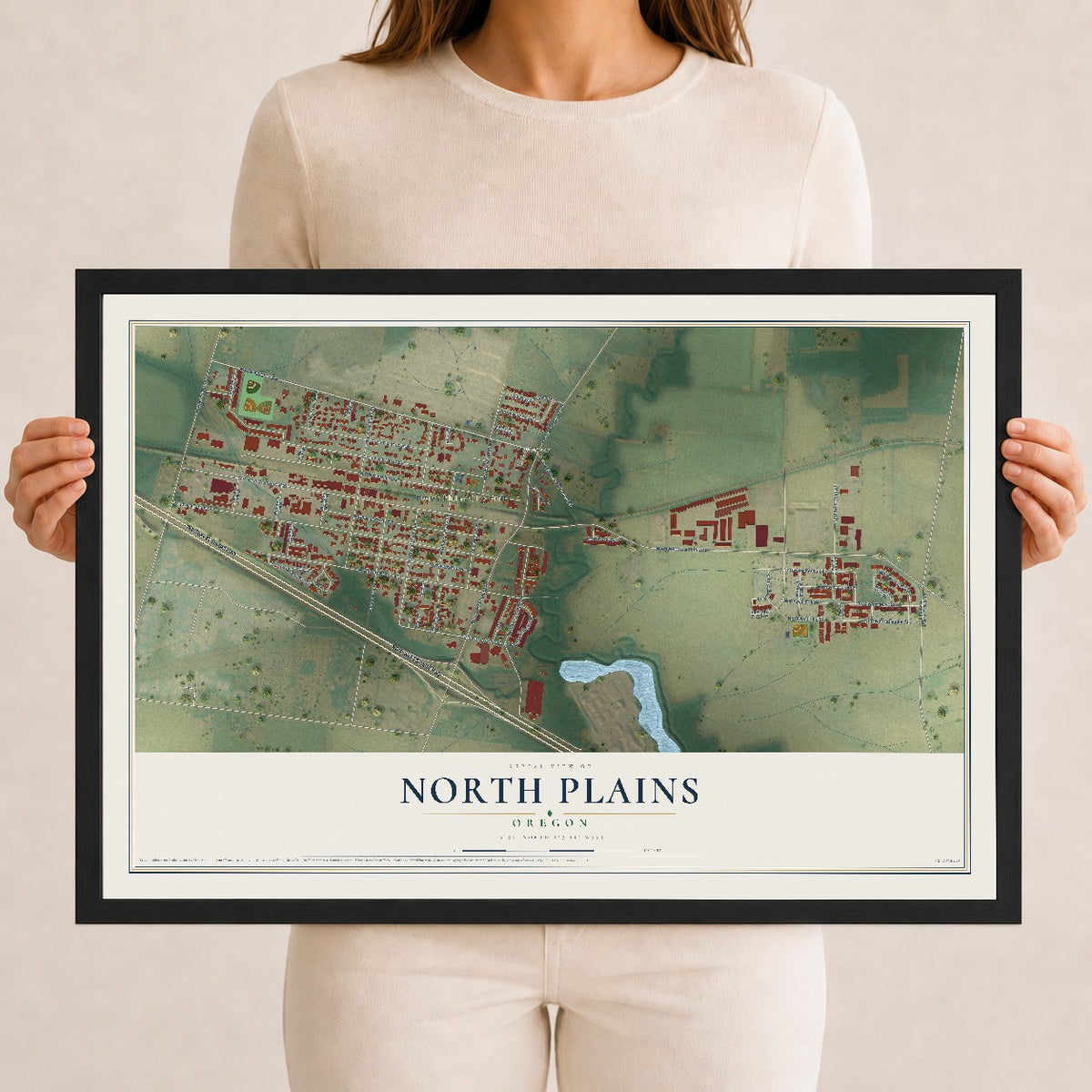 Map of North Plains, Oregon, 12 x 18 inch print in a black wood frame