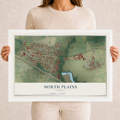 Map of North Plains, Oregon, 12 x 18 inch print in a white wood frame