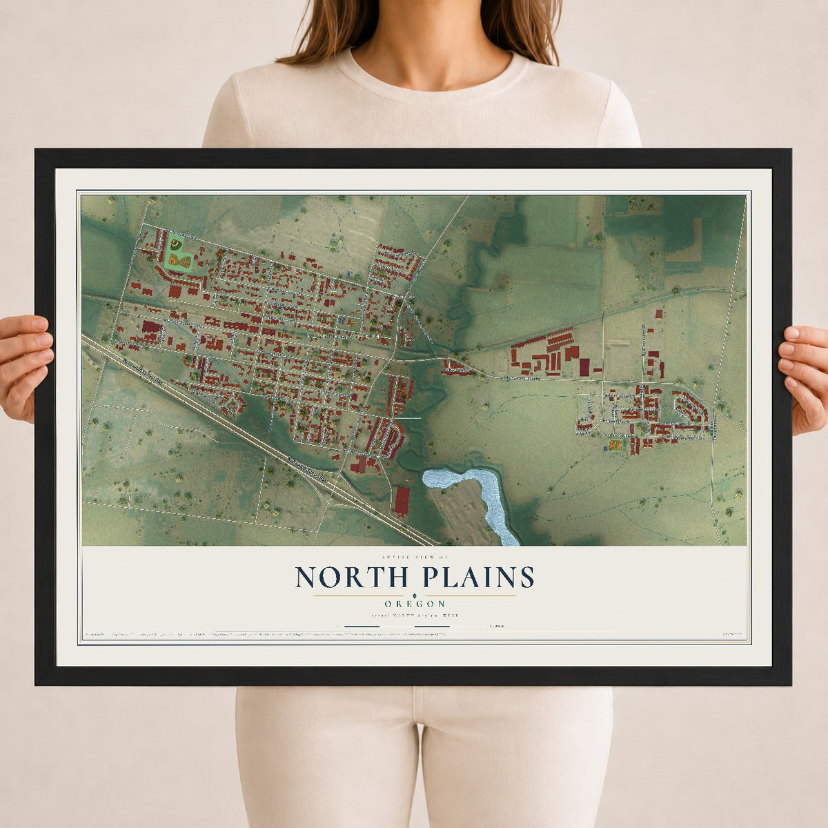 Map of North Plains, Oregon, 18 x 24 inch print in a black wood frame