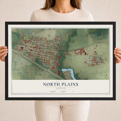 Map of North Plains, Oregon, 18 x 24 inch print in a black wood frame