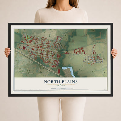 Map of North Plains, Oregon, 24 x 36 inch print in a black wood frame