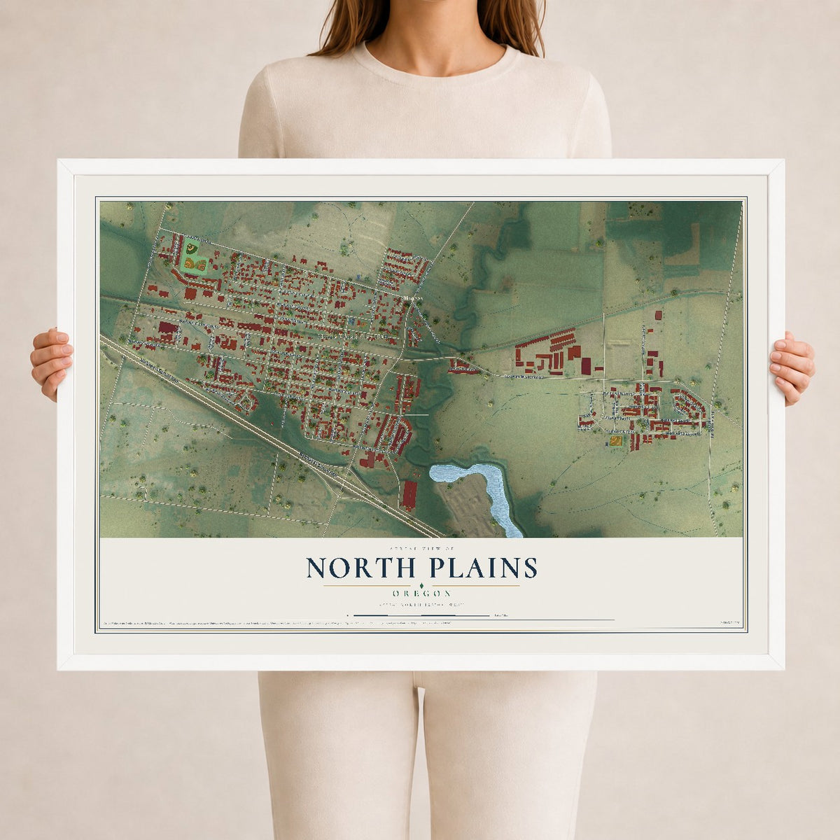 Map of North Plains, Oregon, 24 x 36 inch print in a white wood frame
