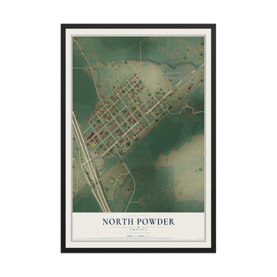 Map of North Powder, Oregon, 12 x 18 inch print in a black wood frame
