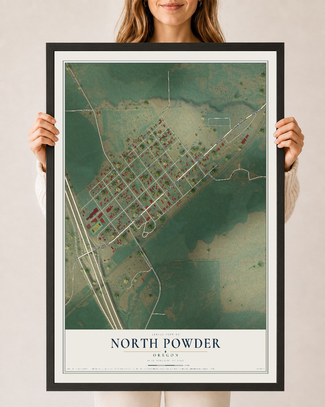 Map of North Powder, Oregon, 24 x 36 inch print in a black wood frame