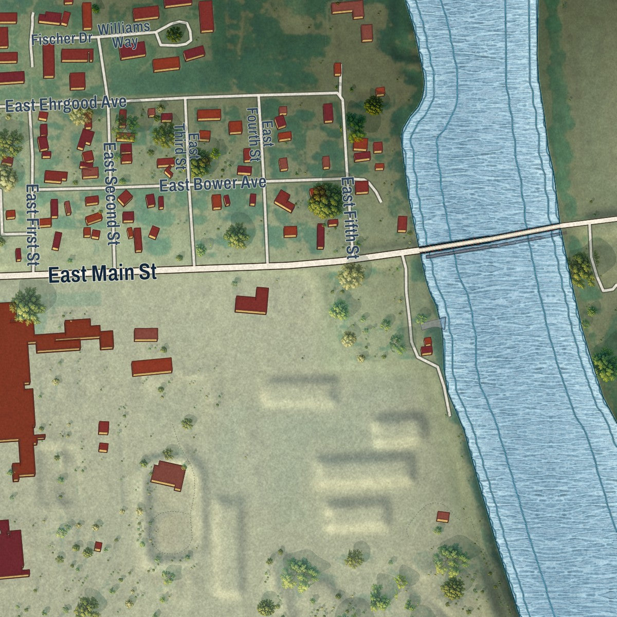 Second close-up of the map of Nyssa, Oregon print showing more streets and buildings
