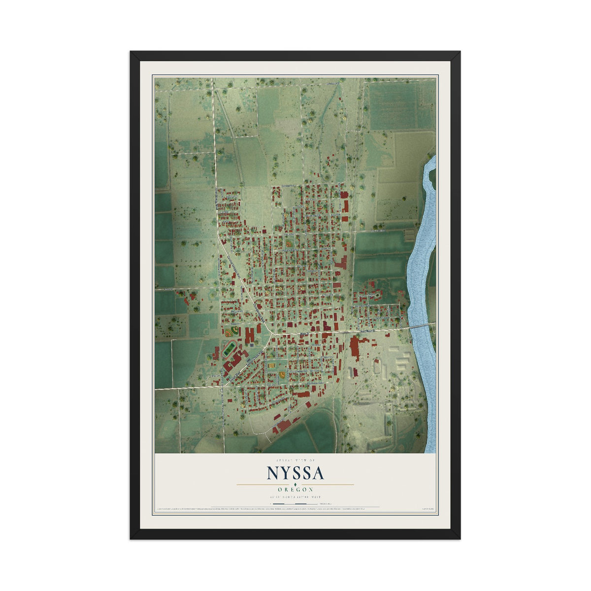 Map of Nyssa, Oregon, 12 x 18 inch print in a black wood frame
