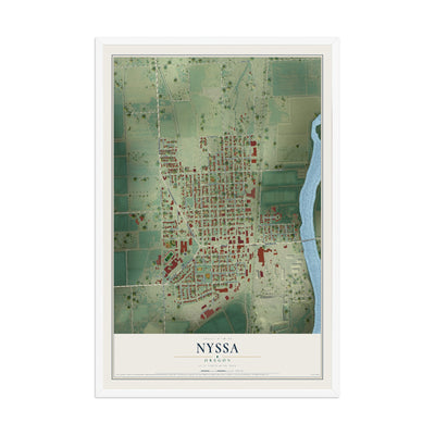 Map of Nyssa, Oregon, 12 x 18 inch print in a white wood frame